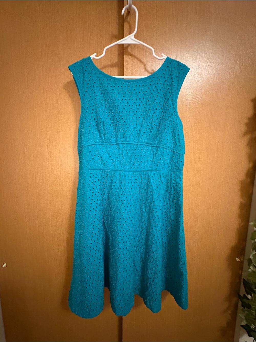 LOFT Teal Eyelet Sleeveless Fit-and-Flare Dress